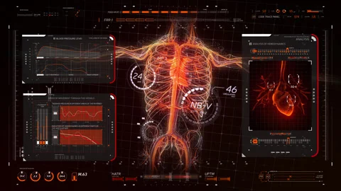Digital displays with an x-ray scan of heart, blood pressure analysis graphs. Stock Footage 145127212