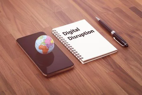 Digital disruption text on notebook with world on smartphone Stock Photos