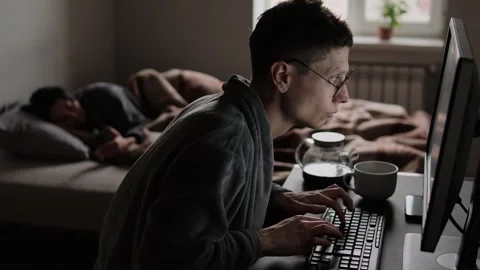 Digital Distance in Modern Relationships. Working from Home and Device Isolation Stock Footage 306654874