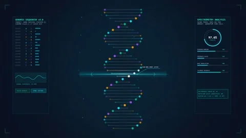 Digital DNA double helix structure with medical research data Stock Footage 348227703