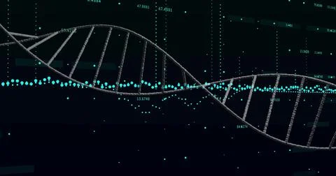 Digital DNA double helix twisting in virtual space, with turquoise spheres and イラスト素材