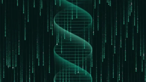 Digital DNA Helix with Falling Genetic Code Matrix Rain, Futuristic Medical Tech Stock Footage 329903142