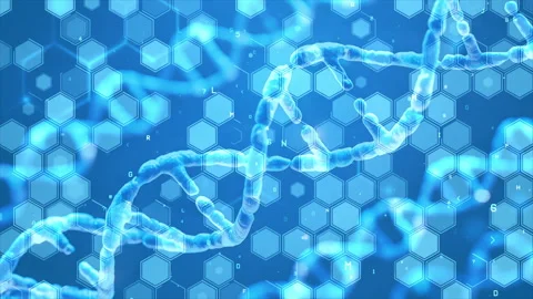 Digital DNA Helix with Hexagonal Pattern in Blue Abstract Scientific Backgrou Stock Footage 339050987
