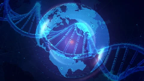 Digital DNA Helix Overlay on Global Map with Blue Circuit Background Stock Footage 339051752