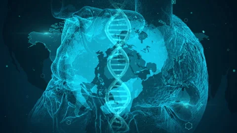 Digital DNA Helix Overlaying World Map with Technological Interface 스톡 동영상 343840688