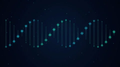 Digital dna helix structure with rotating geometric symbols in dark blue ba.. Видео 347219928