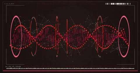 Digital DNA strand visualization with red geometric patterns on dark background Stock Photos