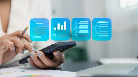 Digital Document and Checklist Interface on Smartphone for Productivity and.. Stock Photos