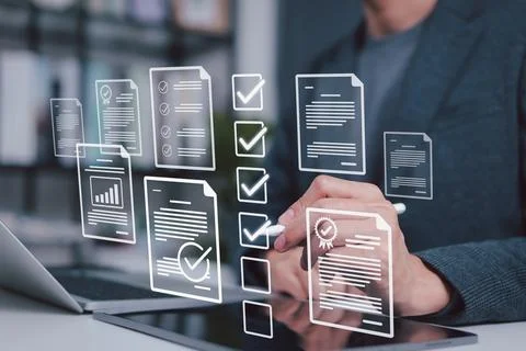 Digital Document Approval and Checklist Management Concept. Stock Photos