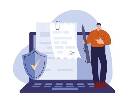 Digital document, contract or bill man signing. Legal online signature, safety イラスト素材