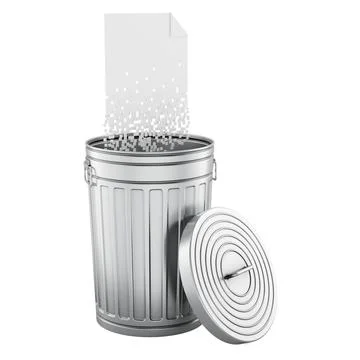 Digital document deletion into trash can with dissolving pixels. 3D rendering Illustrazione stock