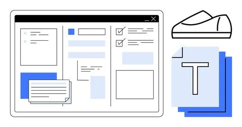 Digital document editing interface with various windows and checklist, accomp 스톡 일러스트