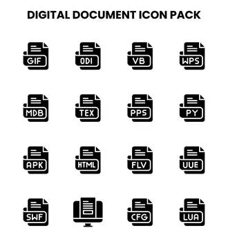 Digital Document Glyph Design Icons Pack Stock Illustration