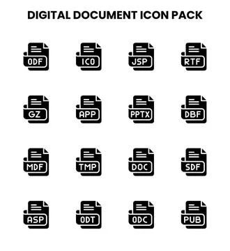 Digital Document Glyph Set Icons Pack Stock Illustration