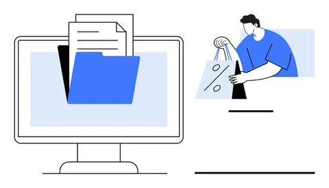 Digital Document Management and Online Shopping Concept with Desktop and Sh.. Stock Illustration