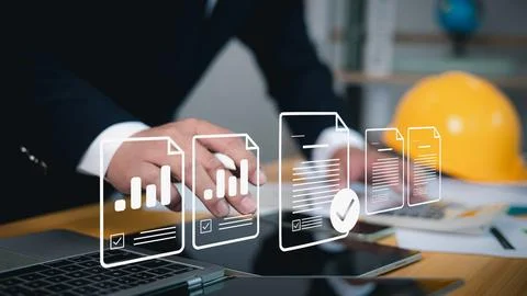 Digital document management  businessman using laptop with virtual data fil.. Stock Photos