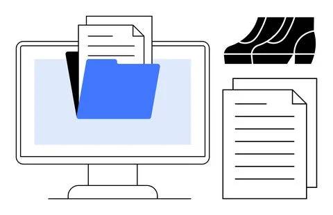 Digital Document Management on Computer Screen with Shoes and Papers Stockillustratie