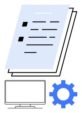 Digital Document Management with Gear Icon and Computer Monitor for Efficient Illustrazione stock