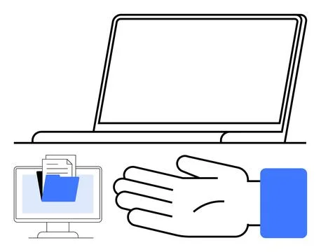 Digital Document Management with Laptop, Hand Gesturing, and PC Monitor Stock Illustration
