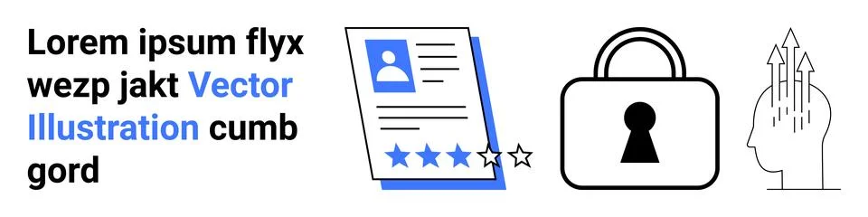 Digital document with profile and star rating, security lock with keyhole, hu Illustrazione stock