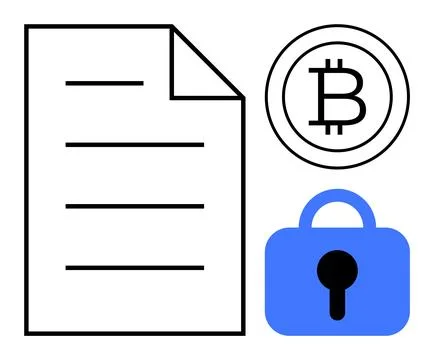 Digital Document Security with Bitcoin and Lock Icon Illustration Illustrazione stock