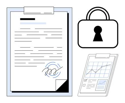 Digital document signing and security represented with data charts and a pa.. Stock Illustration