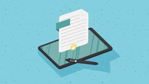 Digital document signing process on tablet screen with stylus pen animation. Video stock 338423598