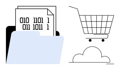 Digital Document Storage and Online Shopping Concept with Cart and Cloud 스톡 일러스트