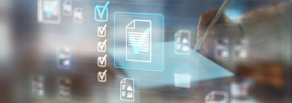 Digital Document Verification and Approval Process on a Virtual Tablet Interf Stock-Fotos