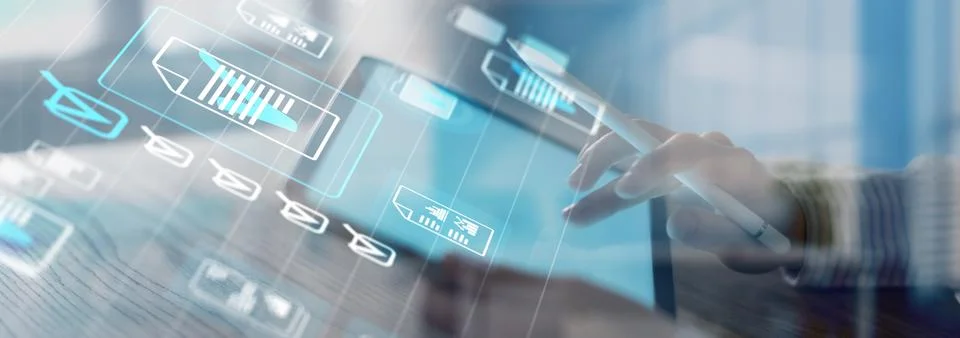 Digital Document Verification and Approval Process on a Virtual Tablet Interf Stock Photos