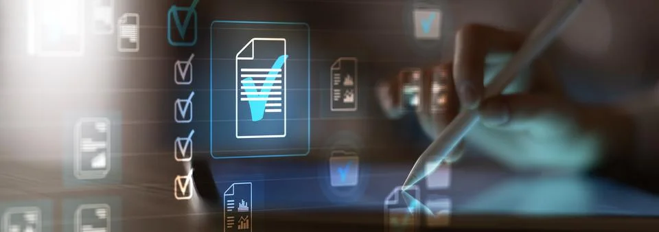 Digital Document Verification and Approval Process on a Virtual Tablet Interf Stock Photos