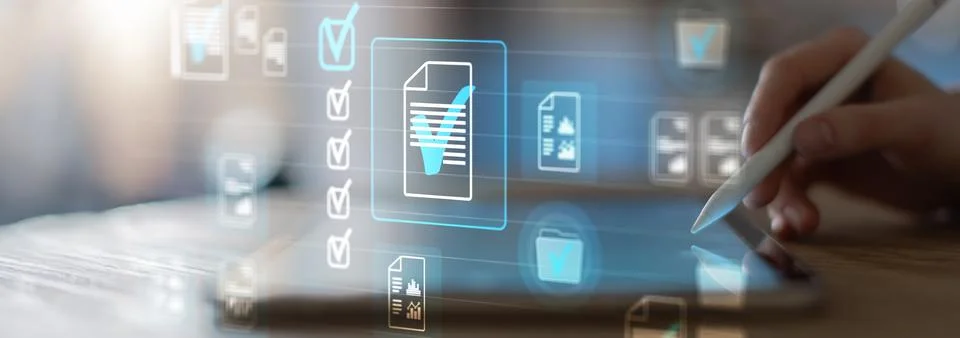 Digital Document Verification and Approval Process on a Virtual Tablet Interf Stock Photos