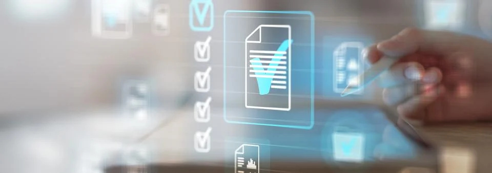 Digital Document Verification and Approval Process on a Virtual Tablet Interf Stock Photos