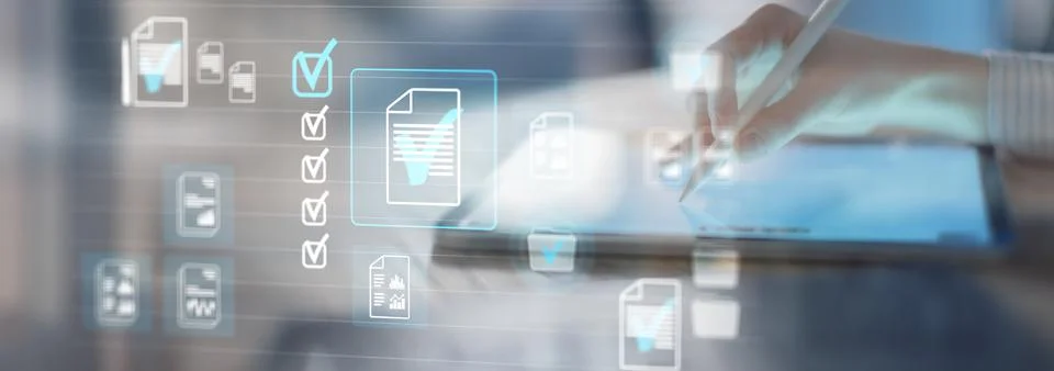 Digital Document Verification and Approval Process on a Virtual Tablet Interf Foto stock