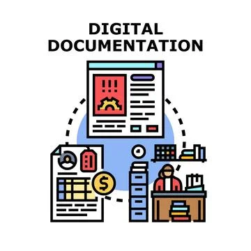 Digital documentation process illustrating electronic data management and o.. 库存插图