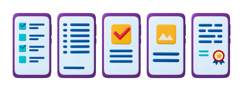 Digital documents 3d icons. Smartphone screen text, cercified sign, corporate イラスト素材