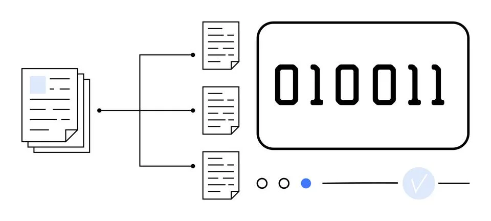 Digital documents connected by flowchart lines to binary code. Ideal for data Stock Illustration