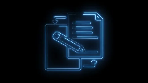 Digital documents exchange with editing features in neon blue outline on black Stock Footage 330785437