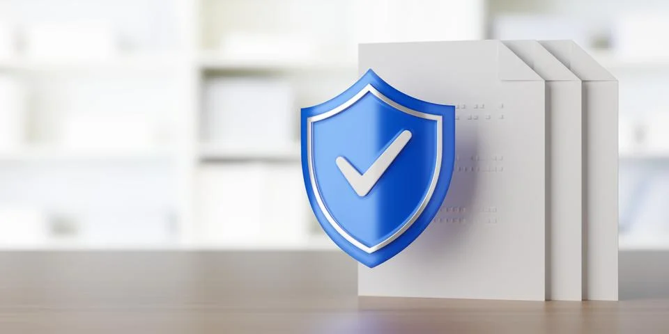 Digital documents protected by blue shield on table over office background,.. Illustration