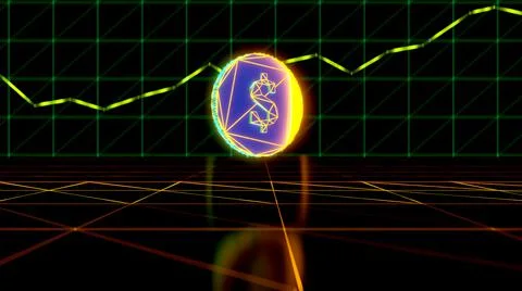 Digital dollar coin floating on digital surface, growth chart in background. Stock Illustration