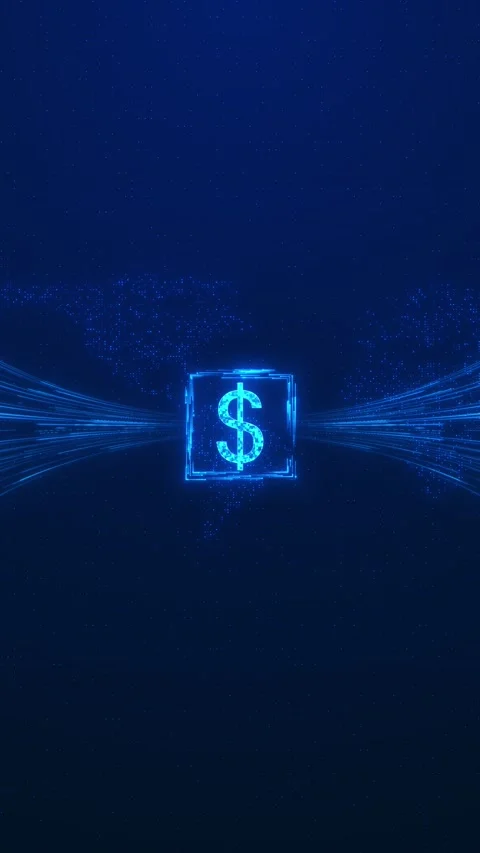 Digital dollar finance network glowing blue currency symbol, world map particles Stock Footage 340569877