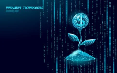Digital dollar flower growing. Technology bloom coin earnings futuristic art 库存插图