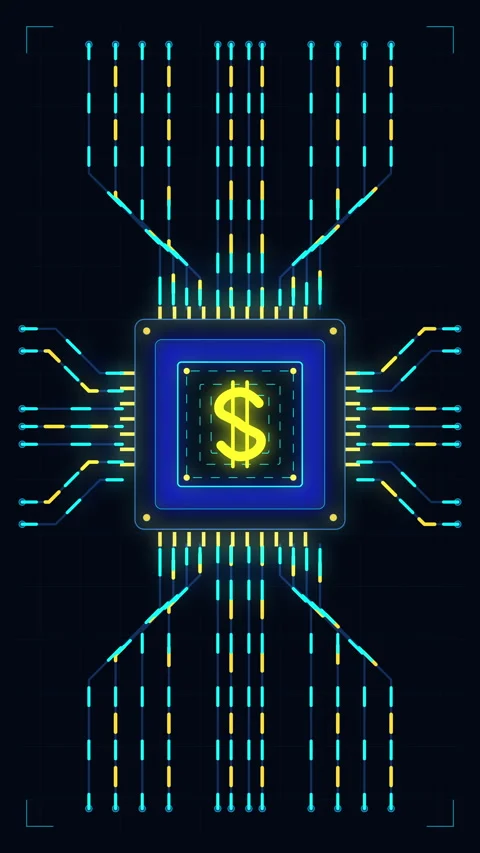 Digital dollar sign on cpu chip with circuit flow lines, technology finance.. Stock Footage 348328995