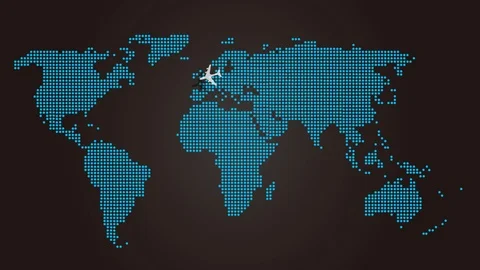 Digital dot matrix world map info graphic with jet leaving Europe to Video stock 119630348