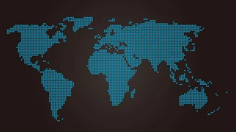 Digital dot matrix world map info graphic with jet leaving North Europe to Video stock 119630353
