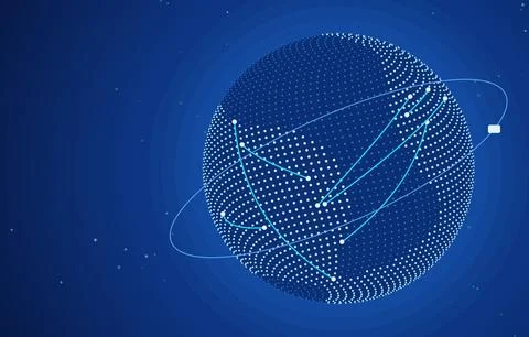 Digital dotted globe with glowing connection lines and orbit ring on dark blue Stock Illustration