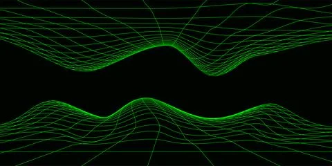 Digital double wavy wireframe landscape in acid green. Futuristic linear un.. Stock Illustration