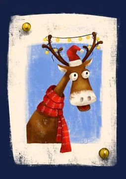 Digital drawing of christmas deer in hat and scarf with garland Stock Photos
