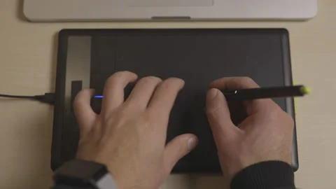 Digital drawing concept, top view on wooden desk in the office Stock Footage 146100957