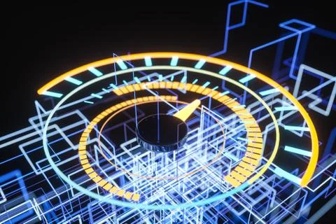 Digital drawing of dashboard with glowing lines, 3d rendering Stockfoto's